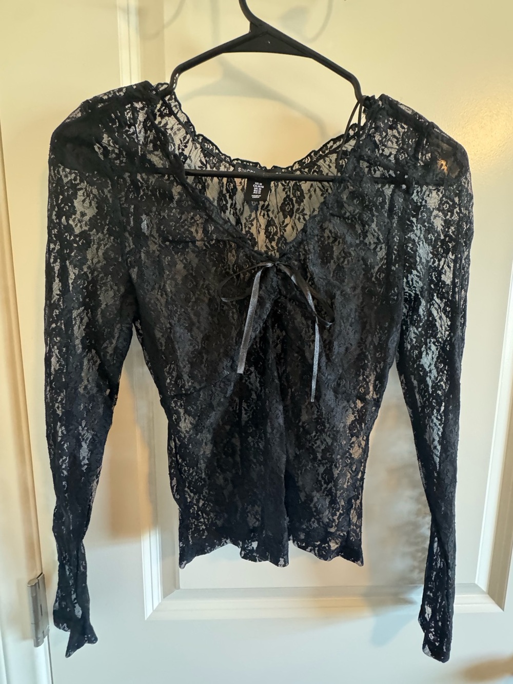 Sincerely Jules Black Sheer Lace Tie-Front Long Sleeve Top
